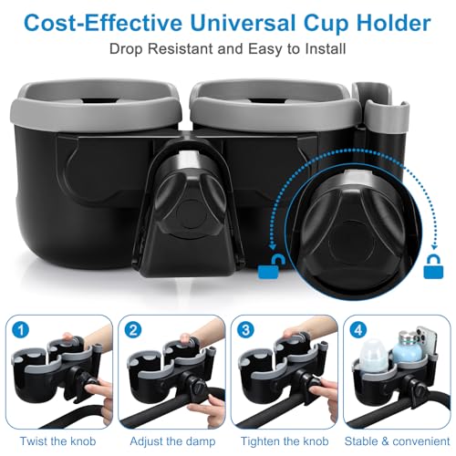 Accmor Stroller Cup Holder with Phone Holder, Bike Cup Holder, Universal Cup Holder for Uppababy Nuna Strollers, 2-in-1 Drinks Holder for Walker, Wheelchair, Scooter - color: Double Holder-Grey