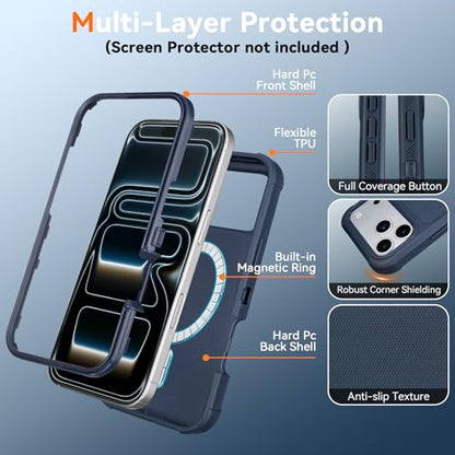 for iPhone 17 Pro Case with Clip, Compatible with Magsafe, Blue | Anti-Drop, Anti-Fingerprint, 3 in 1 Heavy Duty Shockproof Protection, Military-Grade for iPhone17 Pro Phone Case Rugged - color: Blue