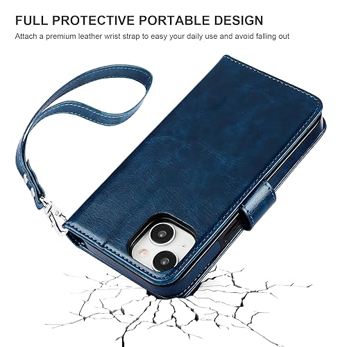 Bocasal Detachable Wallet Case Card Holder for iPhone 15, Blue | RFID Blocking Kickstand Card Slots Holder PU Leather Magnetic Shockproof Wrist Strap Removable Flip Protective Cover 6.1 inch - color: Blue