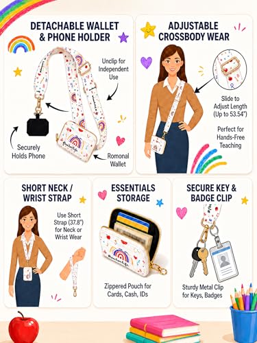 Woanger Teacher Phone Crossbody Lanyard with Wallet Pouch, Adjustable Clip Cell Phone Lanyard Back to School Teacher Gift - style: Pencil Rainbow