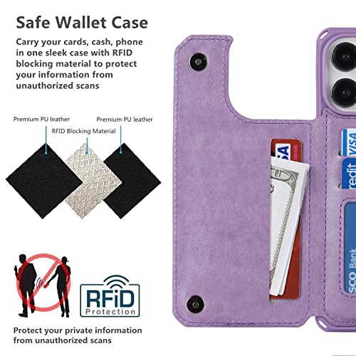 iCoverCase Compatible with iPhone 14 Pro Max Wallet Phone Case with Card Holder for Women, RFID Blocking Embossed PU Leather Wrist Strap Case 6.7 Inch (Macaron Purple) - color: P-Purple