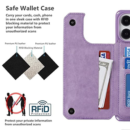 iCoverCase Compatible with iPhone 14 Pro Max Wallet Phone Case with Card Holder for Women, RFID Blocking Embossed PU Leather Wrist Strap Case 6.7 Inch (Macaron Purple) - color: P-Purple