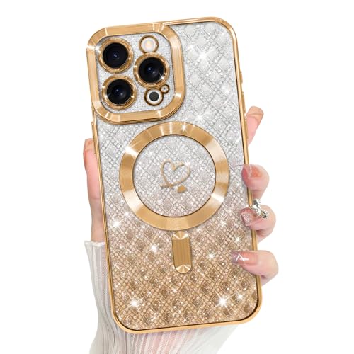 Bonoma Compatible with iPhone 15 Pro Case Heart Glitter Checkered -Gold | Support for MagSafe, Plating Magnetic Case TPU Camera Protection Back Cover for Girls Women - color: Checkered-Gold, size: iPhone 15 Pro