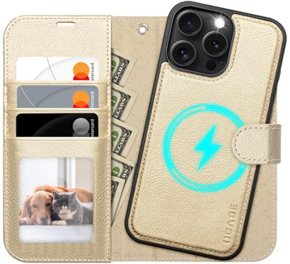 OCASE for iPhone 16 Pro Case Detachable Wallet Case with Card Holder, 2 in 1 Pu Leather Flip Folio with RFID Blocking Stand Wrist Strap Shockproof Phone Cover 6.3 Inch 2024, Gold | Magnetic 2 in 1 Wallet, RFID Blocking Flip Case, PU Leather Case, Kickstan
