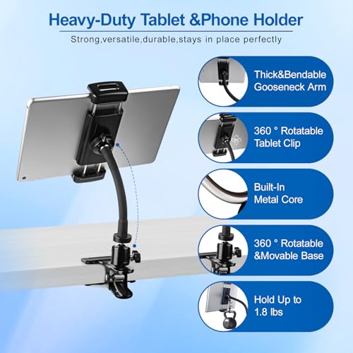 ROCKFREE Clip Tablet Holder for Desk,Sturdy&Adjustable 5.9" Gooseneck Arm