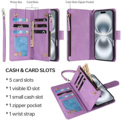 RANYOK Compatible with iPhone 16 Case Wallet - PU Leather Wallet Case for iPhone 16 with Credit Card Holder RFID Blocking Zipper Pocket with Wrist Strap Flip Folio Protective Case (Purple) - color: Purple, size: iPhone 16, 6.1"