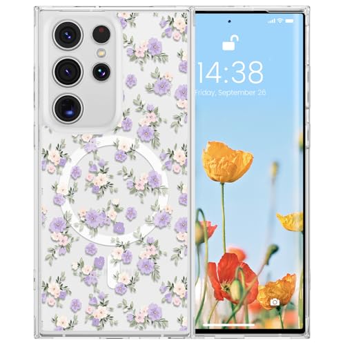 RALEAVO for Samsung Galaxy S22 Ultra Case Clear Magnetic,Purple Flowers | Compatible with MagSafe,Cute Clear Floral Case with Flowers for Girls Women,Hard Back Shockproof Case for Samsung S22 Ultra - color: Clear/Purple Flowers, size: S22 Ultra