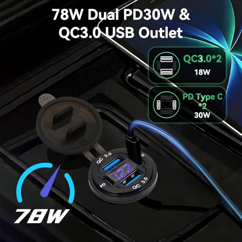 2 Pack 12V USB Outlet 4-Port, 78W Dual PD30W & QC3.0 Fast Charger - size: 2 pack