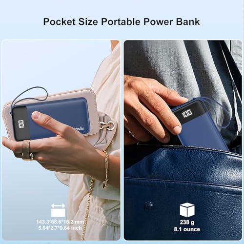 Portable Charger Built-in Cables,10000mAh Fast Charge Power Bank for iPhone - color: Navy
