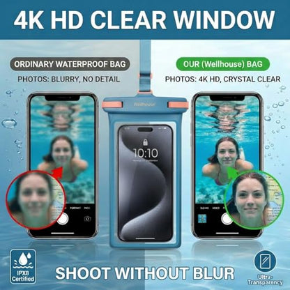 wellhouse 3D Waterproof Phone Pouch with Lanyard,Premium TPU100FT Deep Waterproof Phone Case for iPhone 17 16 15 14 13 12 Pro Max XS Samsung,Snorkeling, Surfing, Kayaking,Skiing,Hot Springs - color: 1 Pack - Blue7.0"