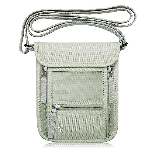 WALNEW Passport Holder Neck Pouch Travel Wallet for Women and Men, RFID Blocking Security Slim Traveling Wallet with Around Neck Lanyard Strap, Light Green - color: Light Gray Green
