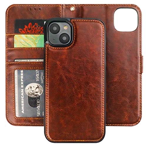 Bocasal Detachable Wallet Case Card Holder for iPhone 14 Plus, Brown | RFID Blocking Kickstand Card Slots Holder PU Leather Magnetic Shockproof Wrist Strap Removable Flip Protective Cover 6.7 inch - color: Brown
