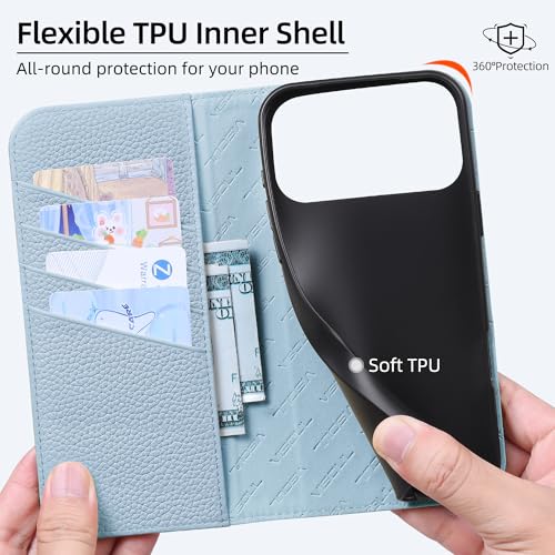 VISOUL Pebbled Leather Wallet Case for iPhone 17 Pro Max 6.9" 2025, Genuine Leather Flip Folio Cover with RFID Blocking Card Holders, Kickstand, Soft TPU Protective Flip Cover -Dark Blue+Light Blue - color: Dark Blue+Light Blue