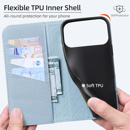 VISOUL Pebbled Leather Wallet Case for iPhone 17 Pro Max 6.9" 2025, Genuine Leather Flip Folio Cover with RFID Blocking Card Holders, Kickstand, Soft TPU Protective Flip Cover -Dark Blue+Light Blue - color: Dark Blue+Light Blue
