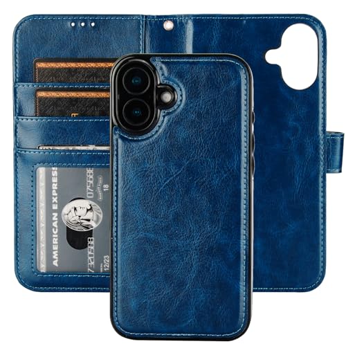 Bocasal Detachable Wallet Case Card Holder for iPhone 16 Plus, Blue | RFID Blocking Kickstand Card Slots Holder PU Leather Magnetic Shockproof Wrist Strap Removable Flip Protective Cover 6.7 inch - color: Blue