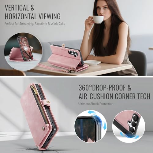 Defencase for Galaxy S26 Case Wallet Compatible with Magsafe 6.3", Rosepink | Magnetic Detachable, with RFID Bolcking Card Holder, Zipper Strap, PU Leather Drop-Proof Phone Cover for Samsung Galaxy S26 - color: (Detachable with Magsafe)-Pink