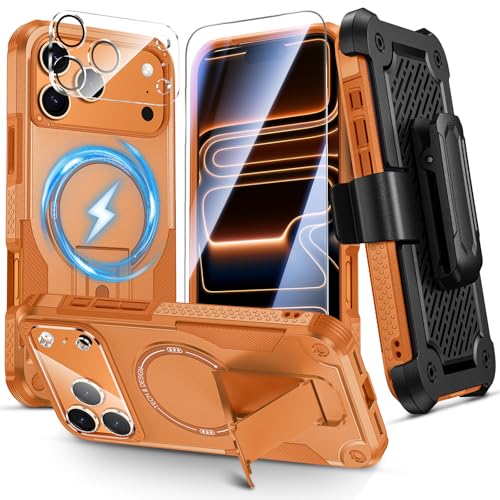 Caka 4-in-1 for iPhone 17 Pro Max Case with Belt Clip Holster and Stand | HD Glass Screen & Camera Lens Protector, Compatible with MagSafe, Hidden Kickstand, Rugged Heavy Duty Shockproof Phone Cover - color: Orange