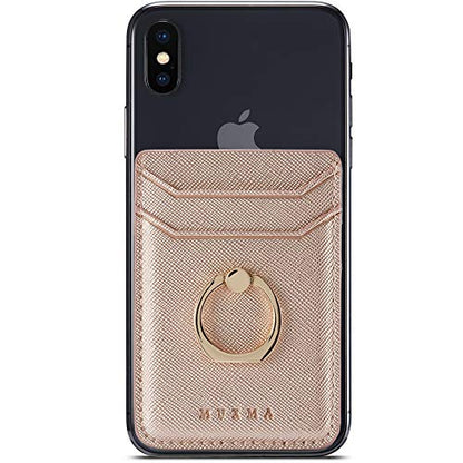 Phone Card Holder with Ring Grip for Back of Phone,Adhesive Stick-on Credit Card Wallet Pocket for iPhone,Android and Smartphones Rosegold - color: RoseGold