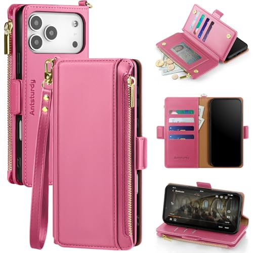Antsturdy for iPhone 17 Pro Max Phone Wallet Case Women,Hot Pink | RFID Blocking,with Credit Card Holder Slots,PU Leather Purse,Zipper Pocket,Wrist Strap Kickstand,Flip Folio Cover for Men - color: Hot Pink