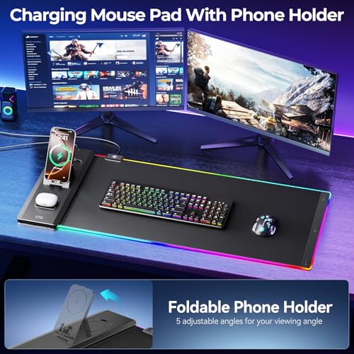KDD RGB Mouse Pad with Wireless Charging - Desk Mat with Phone Holder and 15W Fast Charger - Gaming Mousepad with Ultra-Smooth Surface, Non-Slip Base - Keyboard Mat for Home Office Gamer Accessories - size: Large