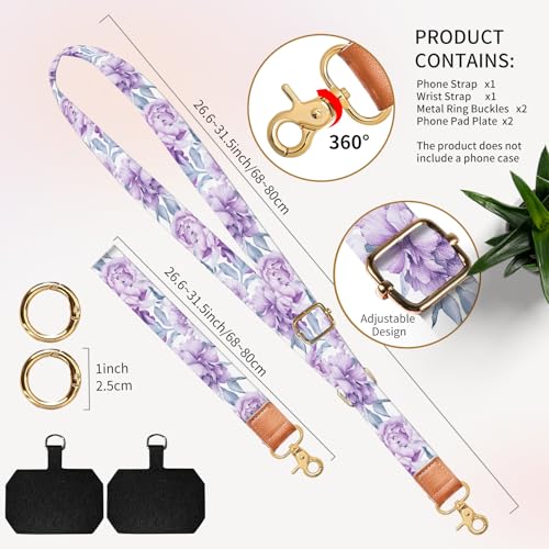 Cell Phone Lanyard Adjustable Crossbody Strap, Cute Phone Neck Wristlet Wrist Strap Patch for Keys Case Accessories - color: Beautiful Purple Flowers