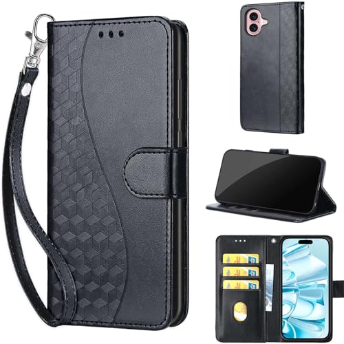 Wallet Case for iPhone 16, Black | Women Flip Folio Cover, Embossed PU Leather, Stand, Credit Card Holders Slots, Wrist Strap - color: 3