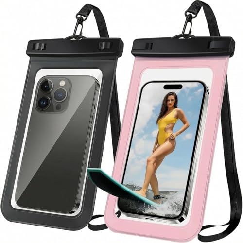 [2 Pack Waterproof Phone Case, Universal Dry Bag for iPhone 15/14/13/12 Pro Max, IPX8 Waterproof Pouch, Cruise Ship & Beach Essentials, Black & Pink - 6.8" - color: A6-Black+Pink-2 pack, size: 6.8in