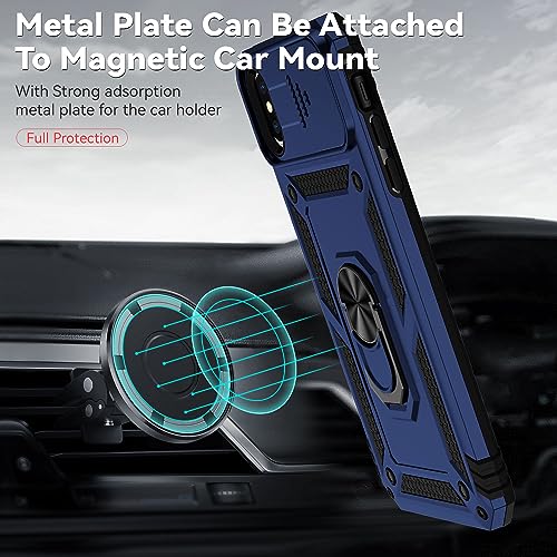 for iPhone XS Max Case with Camera Lens Cover HD Screen Protector, Dual Layer Military Grade Drop Protection Magnetic Ring Holder Kickstand Protective Phone Case for iPhone XS Max 6.5 inch (Navy Blue) - color: Navy Blue with camera cover Military-Grade 2n