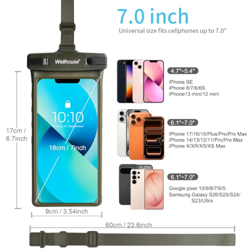 wellhouse Waterproof Phone Pouch, Waterproof Phone Case for iPhone 17 16 15 14 13 Pro Max XS Samsung, IPX8 3D Cellphone Dry Bag Beach Essentials (1 Pack - Olive7.0, 7 inch) - color: 1 Pack - Olive7.0"