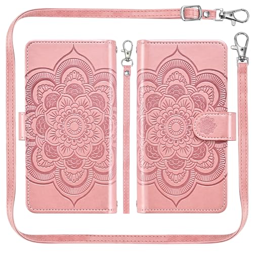 Asuwish Phone Case for iPhone 16 Pro 6.3 inch Zipper Wallet Magnetic Detachable Cell Cover with Tempered Glass Screen Protector Crossbody Strap Flower Card Holder i Phone16 i16 16Pro Women Rose Gold - color: Rose Gold