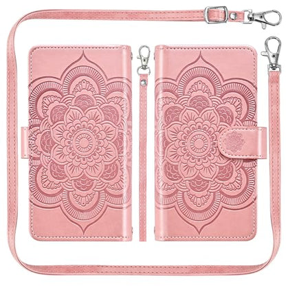 Asuwish Phone Case for Samsung Galaxy S22 5G Zipper Wallet Detachable Cell Cover with Tempered Glass Screen Protector Crossbody Strap Flower Card Holder S 22 22S 4G G5 6.1 inch Women Girls Rose Gold - color: Rose Gold