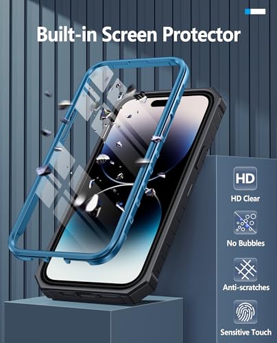 FNTCASE for iPhone 14 Pro Max Case, Built-in Screen Protector, Kickstand | 20FT Military-Grade Drop Protection, Anti-Slip Matte Textured, Rugged Heavy Duty Shockproof TPU Protective Cover - color: Kickstand Blue