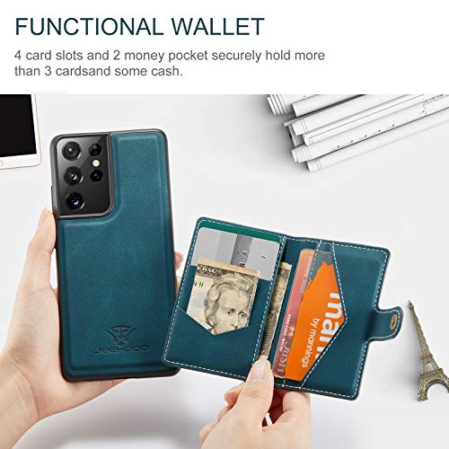 Simicoo Compatible with Samsung S22 Ultra Detachable Magnetic Wallet case Credit Card Holder Money Clip Front Pocket Stand Leather Men Women Wallet Double Shockproof (Blue) - color: Blue