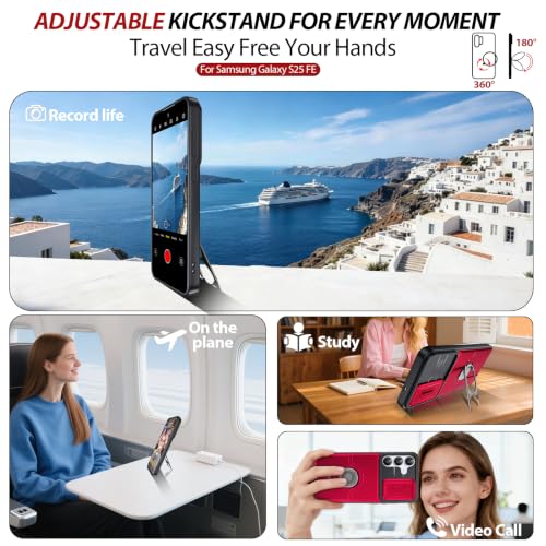 Dizn for Samsung Galaxy S25 FE Case:[Not Fit Samsung S25+] with Slide Camera Cover,360°Ring Stand,Lanyard,[2 Pcs] Explosion-Proof Film,Military-Grade Shockproof Protective,for Samsung S25 FE,Red - color: Red