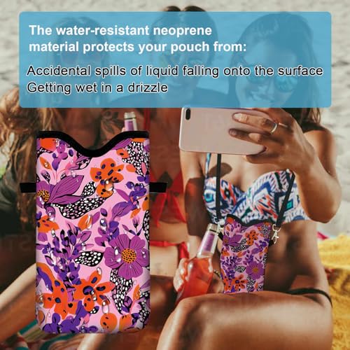 Neoprene Cell Phone Sleeve Pouch Case Bag with Crossbody Strap Neck Lanyard for Women 7.1 X 3.9 in Pink Flower - color: Pink Flower
