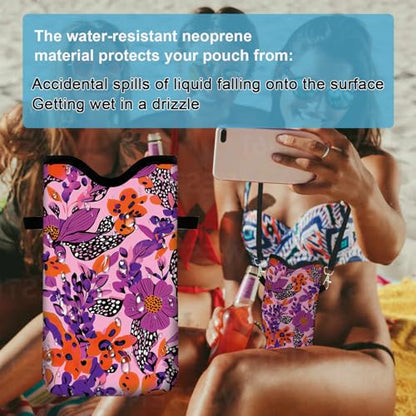 Neoprene Cell Phone Sleeve Pouch Case Bag with Crossbody Strap Neck Lanyard for Women 7.1 X 3.9 in Pink Flower - color: Pink Flower