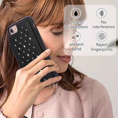 for iPhone 7/8/SE 2022/SE 2020 Wallet Case with Card Holder Slots and Strap, RFID Blocking Magnetic Flip Folio Cover, Crossbody Purse Protection Case with Kickstand,Black Diamond - color: Black Diamond, size: iPhone 7/8/SE 2022/SE 2020(6.6")