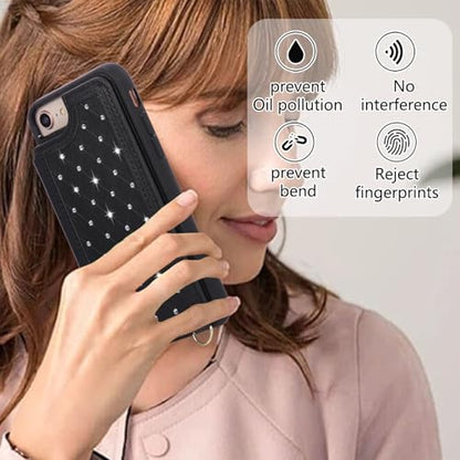 for iPhone 7/8/SE 2022/SE 2020 Wallet Case with Card Holder Slots and Strap, RFID Blocking Magnetic Flip Folio Cover, Crossbody Purse Protection Case with Kickstand,Black Diamond - color: Black Diamond, size: iPhone 7/8/SE 2022/SE 2020(6.6")