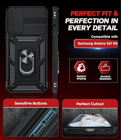 LeYi for Samsung-Galaxy S21 Phone Case: with Slide Camera Cover | Rugged Shockproof Cell Android Samsung S21 Case Cover Funda Magnetic Stand S 21 21S 5G, Black - color: TC Black, size: S21 5G 6.2inch