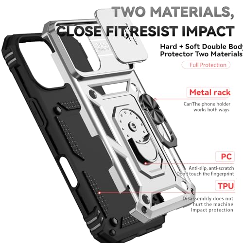 for iPhone 17 Case, with Slide Camera Cover HD Screen Protector [Military Grade 16ft. Drop Tested] Ring Holder Kickstand Protective Phone Case for Apple iPhone 17, Silver - color: Silver w/ Slide Camera 2nd gen. Military Grade
