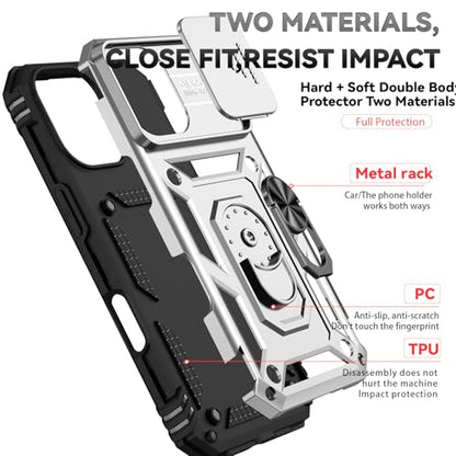 for iPhone 17 Case, with Slide Camera Cover HD Screen Protector [Military Grade 16ft. Drop Tested] Ring Holder Kickstand Protective Phone Case for Apple iPhone 17, Silver - color: Silver w/ Slide Camera 2nd gen. Military Grade