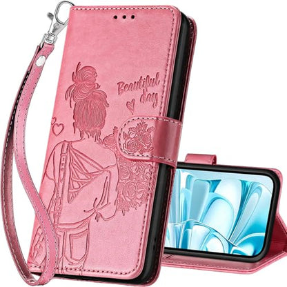for iPhone 16 Wallet case, Pink-Girl | 3 Card Holders, Kickstand, Shockproof TPU Shell, PU Leather, Magnetic Closure, Protective Flip Folio Cover, Women - color: 1