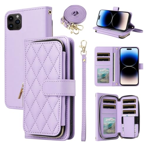 Argyle Wallet Case for iPhone 13 Pro Max 2021 6.7 inch with Wrist Strap Shoulder Strap 9+ Card Slots Phone Zipper Purse Cover for iPhone13promax 5G i Phone13Max Plus iPhone13 ProMax Purple | Wrist/Shoulder Strap, 9+ Card Slots, Zipper Purse, Phone Cover,