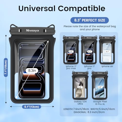 Niveaya IPX8 Double Space Waterproof Phone Pouch (up to 8.3") -2 Pack Waterproof Phone Case with Lanyard for iPhone 17 16 15 Pro Max,Touchscreen & Underwater Photography, Beach Cruise Essentials 2026 - color: Black+ Black, size: Medium 8.3"