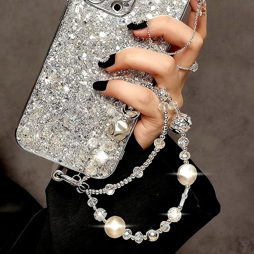 Luxury Pearl Phone Wrist Strap Crystal Diamond Beaded Keychain Wristlet for Phone Chain Wristlet Glitter Rhinestone Cellphone Lanyard Dual Chains Phone Strap Wrist Keychain Bag Charms for Handbags