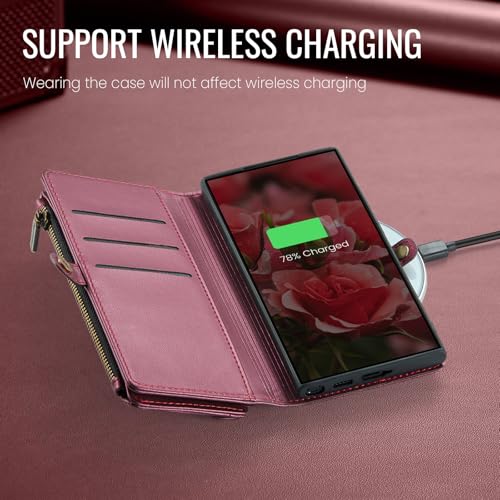 Defencase for Samsung Galaxy S26 Ultra Wallet Case with Card Holder, W-Red | with RFID Blocking Zipper Pocket, Durable PU Leather, Wrist Strap, S26 Ultra Flip Phone Cases Cover with Stand for Women Men - color: Wine Red