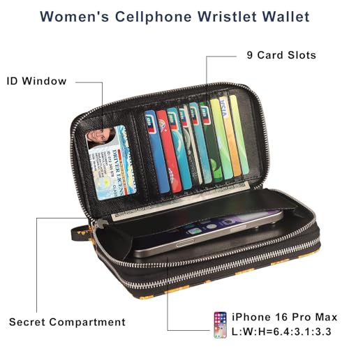 RFID Wallet for Women with Cellphone Pocket - Double Zipper Wristlet Purse Large Capacity, 17 Card Slots, Coin Pocket, Sunflower Print - color: Sunflower
