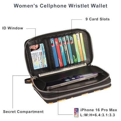 RFID Wallet for Women with Cellphone Pocket - Double Zipper Wristlet Purse Large Capacity, 17 Card Slots, Coin Pocket, Sunflower Print - color: Sunflower