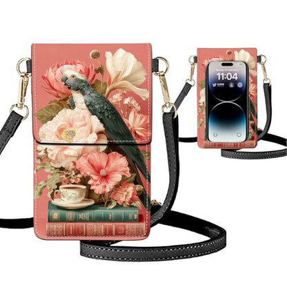 Small Crossbody Bags for Women Touchscreen Cell Phone Bag Cross Body Purses with adjustable Strap,Gifts For Teenage Girls - color: Pink Parrot and Flowers