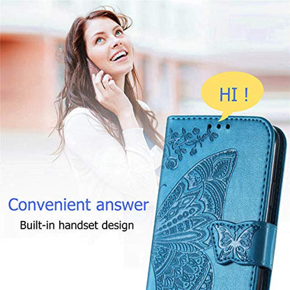 Wallet Case for Samsung Galaxy A03s with Card Holder Blue | PU Leather Flip Phone Cover,Wrist Strap,Woman Man Purse,Emboss Butterfly Flower,Stand,Shockproof TPU Shell, Magnetic Closure - color: B Blue